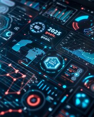 Fototapeta premium Illuminated 2025 goals text in a sleek, high tech environment symbolizing ambition and progress