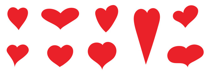 Set of different simple hearts. Red heart icons. Vector silhouettes of hearts of different shapes for websites, cards, design, Valentine's day.