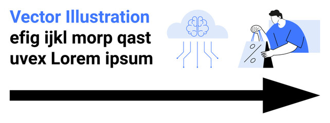 Abstract composition with a brain connected to circuitry, a figure holding shopping bags, and a large arrow pointing right. Ideal for AI, e-commerce, direction, innovation, technology integration