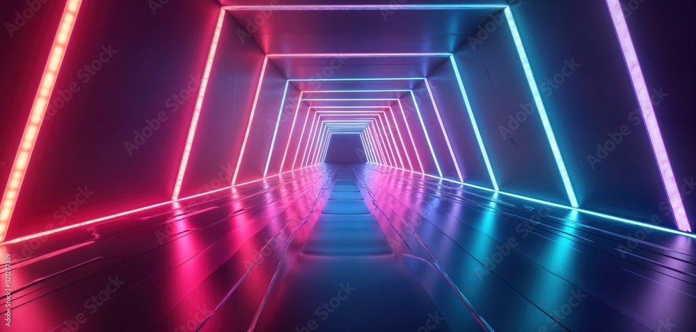 Poster neon tunnel with gradient colors. pink, blue neon lights illuminate futuristic tunnel. smooth lines,