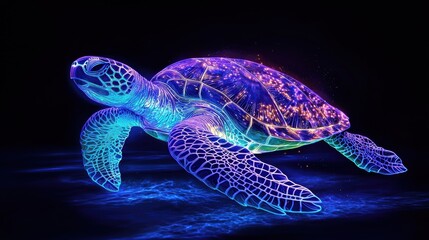 Vibrant sea turtle swimming in neon waters underwater scene aquatic environment artistic concept