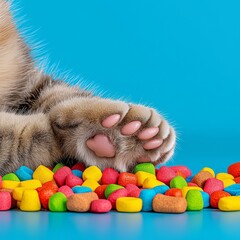 Pet food symbolizing nutrition and care, with cat paws on the bowl.