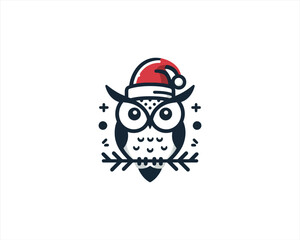 Christmas Owl Logo Design Icon Vector Illustration. Merry Christmas