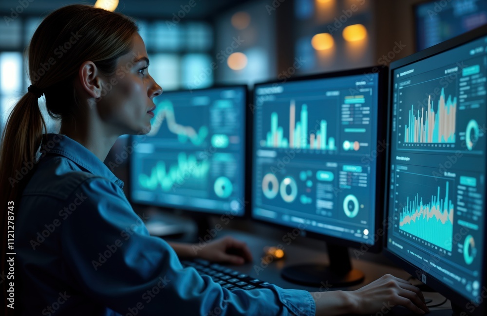 Poster Woman tech expert deeply engaged in monitoring complex data on multiple computer screens. High-tech control room setting suggests facility operation logistic center. Focus on data analysis, system