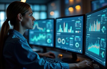 Woman tech expert deeply engaged in monitoring complex data on multiple computer screens. High-tech control room setting suggests facility operation logistic center. Focus on data analysis, system