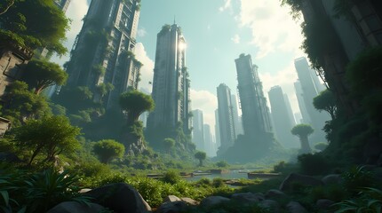 City of the future after the apocalypse, plants have swallowed up most of the buildings and skyscrapers
