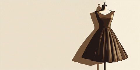 Elegant mocha mousse dress displayed on mannequin, fashion illustration. Copy space, banner