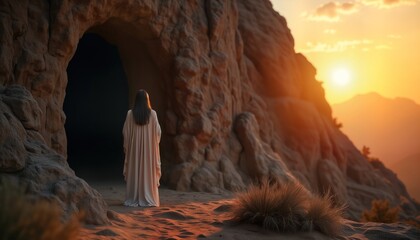 Woman stands before tomb at dawn. Emotional moment filled with hope. Biblical scene evokes faith, reflection in early morning light. Religious imagery portrays sorrowful transition to new beginning.