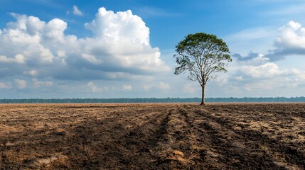 A striking image of a lone tree standing in the middle of vast, cleared land, highlighting the...