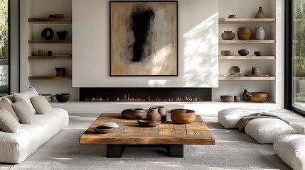 A contemporary living room featuring a rustic barn wood coffee table, a sleek linear fireplace integrated into a smooth white wall, framed monochrome art hanging above,