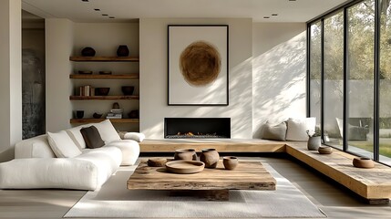 A contemporary living room with a rustic barn wood coffee table, an ivory-toned corner sofa against a feature wall with a linear fireplace, abstract artwork framed above,