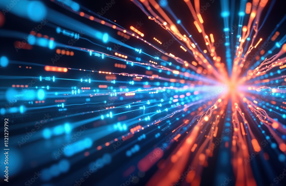 Poster Abstract futuristic tech concept. High-speed data transmission depicted with glowing blue, orange fiber optic cables. Dynamic glowing lines create visual effect of fast data flow. Streamlined, modern