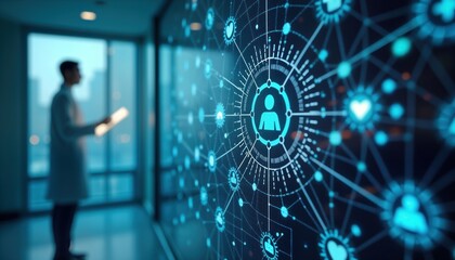 Healthcare facility backdrop shows doctor looking at digital network graphic. Dynamic system illustrates predictive analytics. Focus on preventative healthcare. Image offers copy space for text
