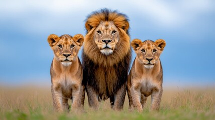 Majestic Lion Pride: A powerful male lion stands proudly between two cubs, their gaze fixed on the viewer against a serene African savanna backdrop.  The image evokes strength, family.