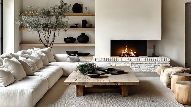 A cozy and modern minimalist living room design with a rustic barn wood coffee table near a white brick fireplace, minimalist decor on shelves holding green plants,