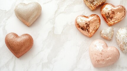 Beautiful rose gold and gold heart decorations, laid artistically on a clean, light background for a romantic look