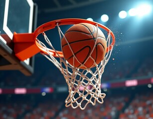 Close-Up of Basketball Scoring Through Hoop in Action-Packed Arena
