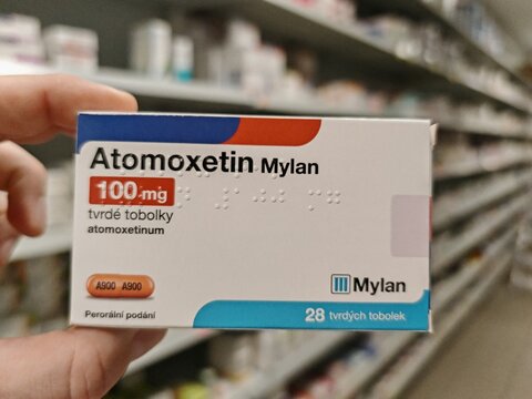 Prague,Czech Republic-August 7 2024: ATOMOXETIN MYLAN box of medication with ATOMOXETINE active substance by MYLAN,used for treatment of ADHD.	
