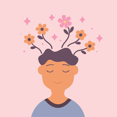 Man with flowers in his head. Vector illustration in flat style.