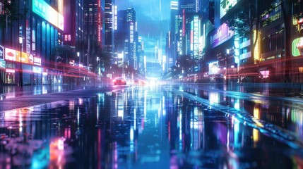 Obraz premium Neon-Lit City Street Reflection in Rain-Soaked Pavement