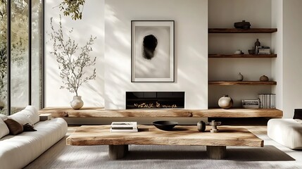 A minimalist living room featuring a rustic reclaimed wood coffee table, wooden shelves styled with potted plants and books, a sleek white fireplace as the centerpiece,