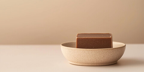 Handcrafted soap bar resting on a ceramic soap dish, showcasing the warm, earthy tones of the mocha mousse color trend