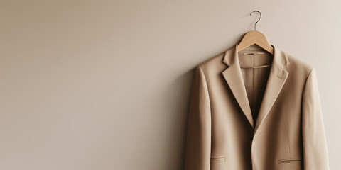 Minimalist mocha mousse colored blazer hanging on wall in trend color of 2025. Copy space, banner
