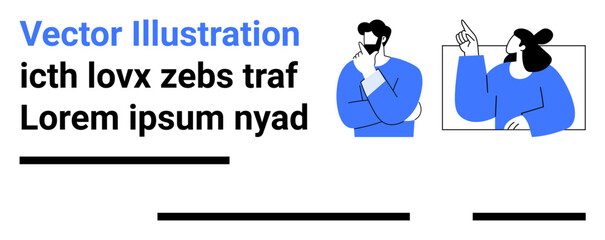 Man thinking deeply and woman pointing while speaking, accompanied by placeholder text, horizontal lines. Ideal for education, corporate training, content creation, teamwork, brainstorming