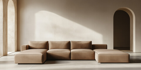 Modern minimalist living room with mocha sofa and archways. Copy space, banner