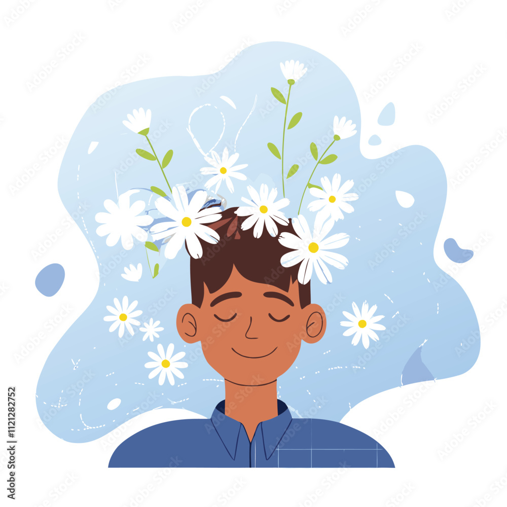 Wall mural Young man with a bouquet of daisies. Vector illustration