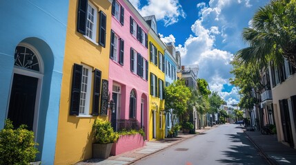 Fototapeta premium Rainbow Row, Charleston, South Carolina: A vibrant street of pastel-colored historic houses.