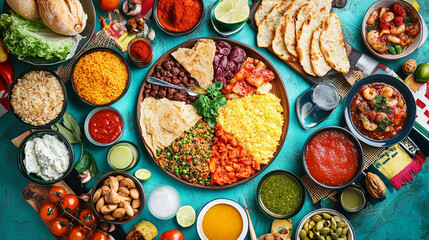 Fototapeta premium Vegetarian snack table setting with various type of vegetable dishes, displaying an array of fresh salads, snacks, and beverages looks delightful, Vibrant Vegan Feast An Outdoor Dining Showcase.