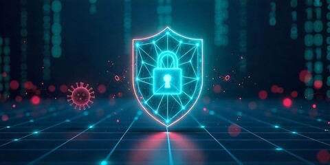 Fototapeta premium Shield Icon with Digital Lock Symbol in Glowing Blue Cybersecurity Design on Futuristic Technology Background with Binary Code and Network