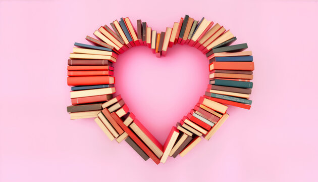 Colorful hardcover books arranged in heart shape on vibrant pink background. Love story-themed image represents passion for reading, literature. Arrangement romance, joy of discovering stories.