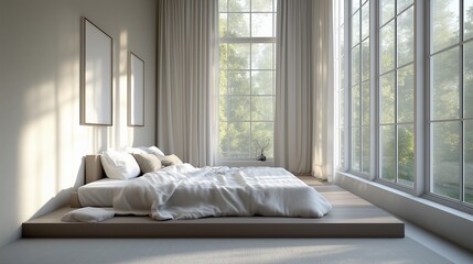 Obraz premium Spacious modern bedroom with a comfortable platform bed, soft textures, and large windows that flood the space with light, creating a bright, airy feel.