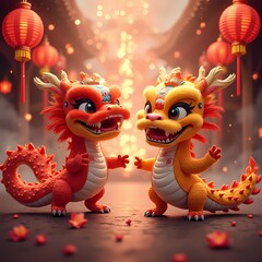 Fototapeta premium Vibrant Chinese New Year, Dragons, Fireworks, Traditional Costumes