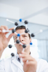 Science, laboratory and man with molecule structure for hypotheses testing and behavior of atom in...