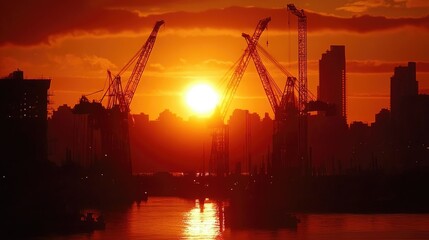Obraz premium Construction cranes silhouetted against the fiery hues of a setting sun, framing a developing urban skyline