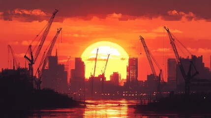 Obraz premium Construction cranes silhouetted against the fiery hues of a setting sun, framing a developing urban skyline