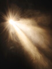Obraz premium A bright beam of light pierces through dark, smoky air, creating a dramatic and ethereal atmosphere.