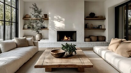 A Scandinavian-inspired living room with a rustic barn wood coffee table, a sleek white brick fireplace framed by wooden shelves holding greenery, a modern corner sofa in muted tones,