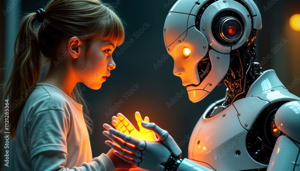 Aufkleber Future kid, robot hold hands. AI, human connection in futuristic setting. Close-up shows delicate interaction. Innovative tech concept. Digital art. Near-future scenario. Child looks at robot.
