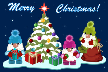 Christmas illustration with gnomes.Christmas tree and gnomes with gifts in vector illustration.