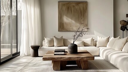 A serene minimalist living room with a rustic coffee table, a taupe corner sofa, soft light filtering through sheer curtains, simple wall decor,