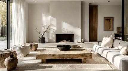 A sophisticated living room featuring a rustic coffee table, a sleek white fireplace with subtle lighting, modern clean-lined furniture, neutral color palette with warm wood accents,