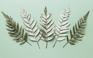 Naklejka premium 緑の背景に配置された様々な形状の葉のアレンジメント