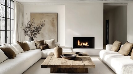 A sophisticated minimalist living room with a reclaimed barn wood coffee table, a sleek white fireplace as the focal point, a modern corner sofa in muted tones with textured cushions,