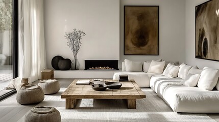 A sophisticated minimalist living room with a reclaimed barn wood coffee table, a sleek white fireplace as the focal point, a modern corner sofa in muted tones with textured cushions,
