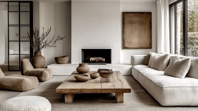 A stylish bright living room with a muted gray corner sofa, a rustic coffee table as the focal point, a modern white fireplace with minimal warm decor,