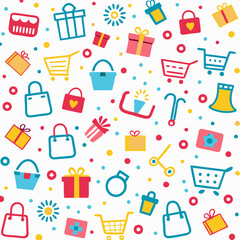 Colorful shopping pattern with bags, carts, gifts, and more.